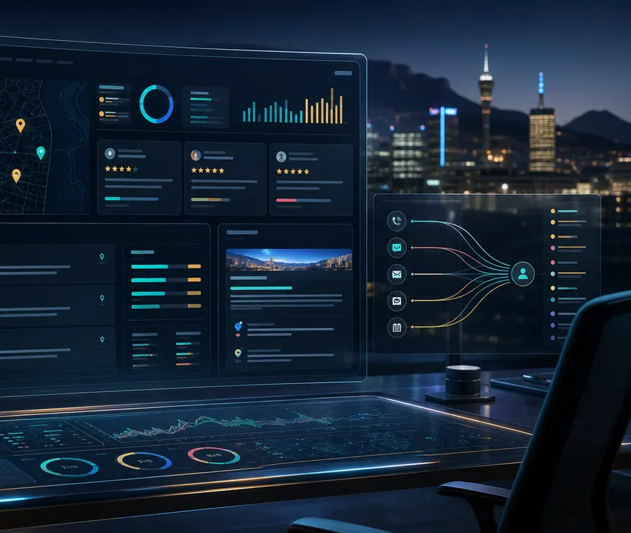 Premium visibility audit dashboard showing maps, reviews, search cards, and lead-flow signals